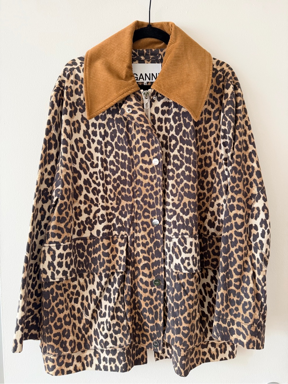 Ganni Leopard-Print Utility Jacket with Brown Corduroy Collar